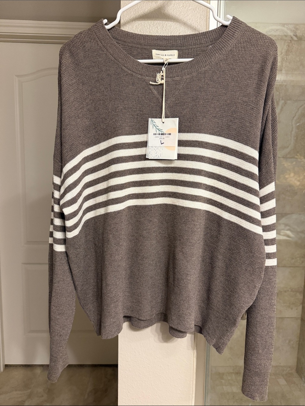 NWT Thread & Supply Taupe and White Striped Crewneck Sweater